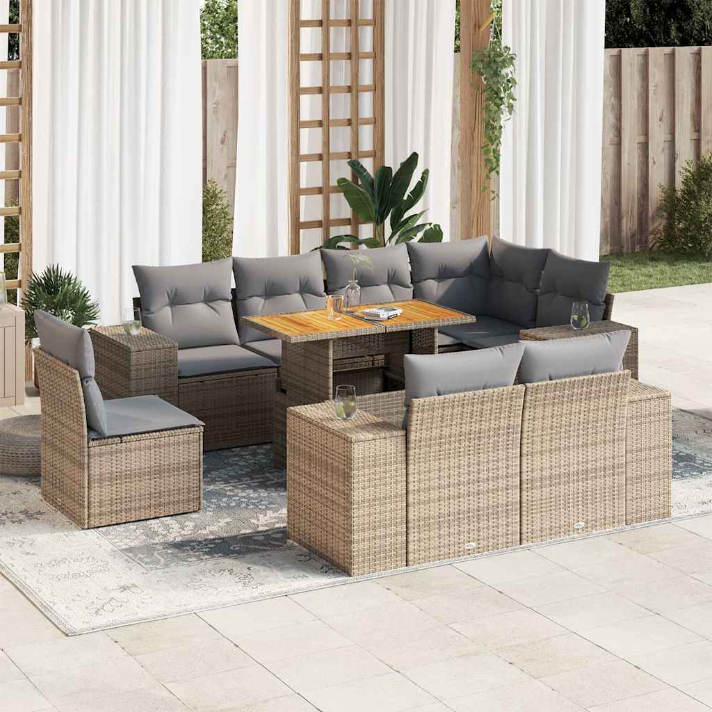 Vetonek Set de sofás de jardín con cojines 9 pzas ratán sintético beige