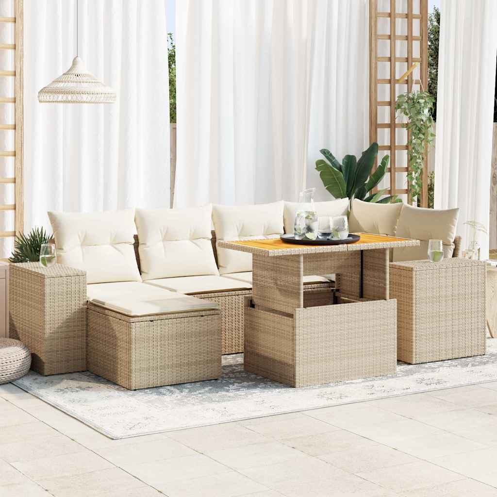 Set sofás de jardín 7 piezas y cojines ratán sintético beige