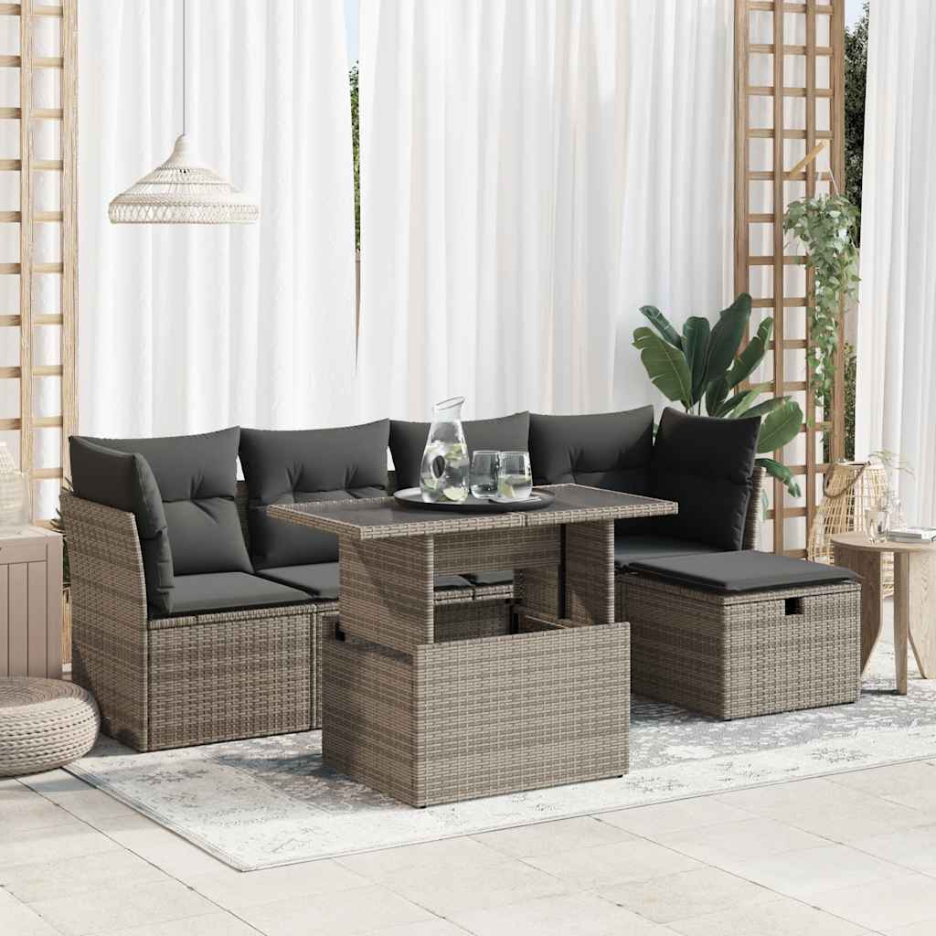 Vetonek Set de muebles de jardín 6 pzas y cojines ratán sintético gris