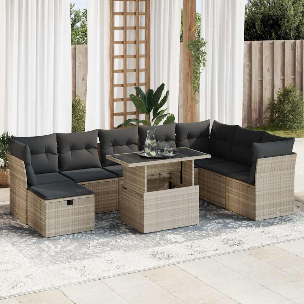 Vetonek Set muebles jardín 9 pzas y cojines ratán sintético gris claro