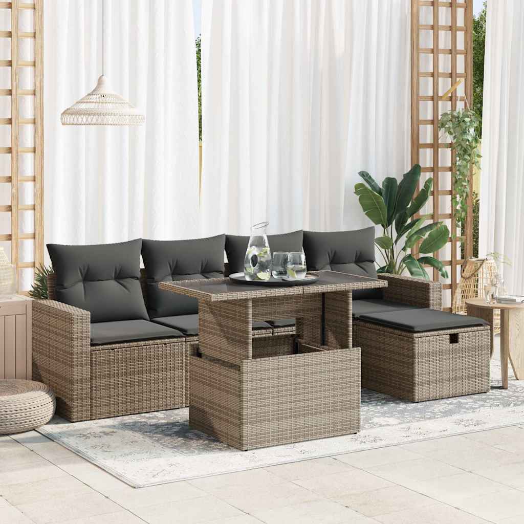 Vetonek Set de muebles de jardín 6 pzas y cojines ratán sintético gris