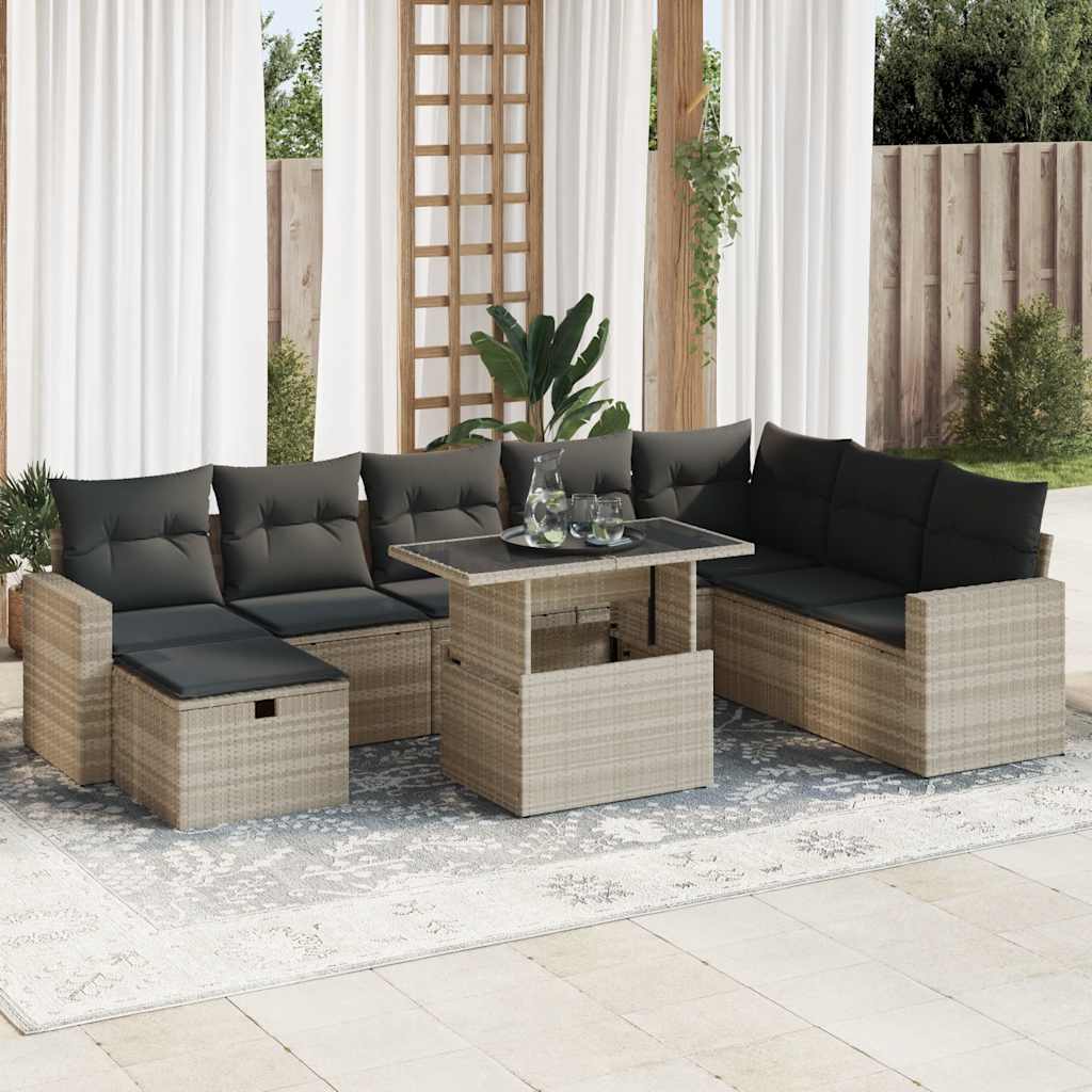 Set muebles jardín 9 pzas y cojines ratán sintético gris claro