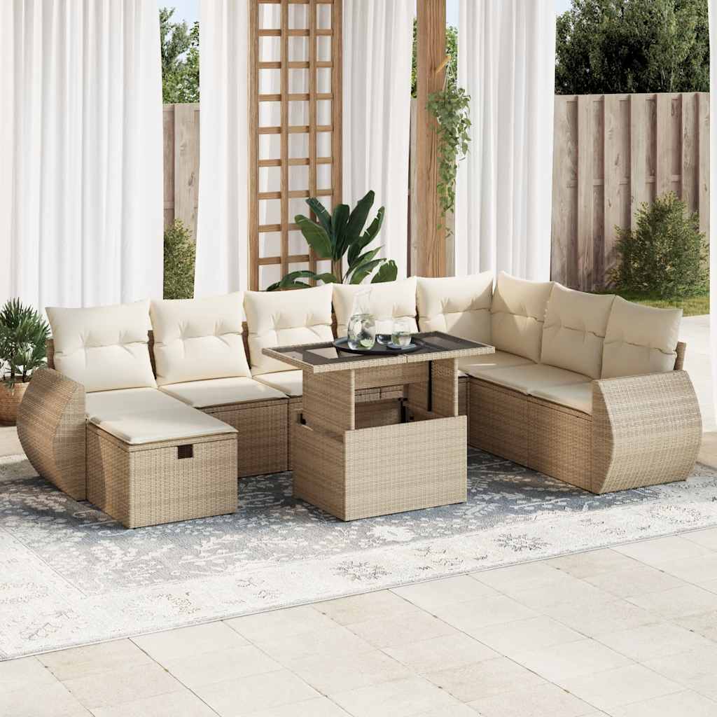 Vetonek Set de sofás de jardín con cojines 9 pzas ratán sintético beige