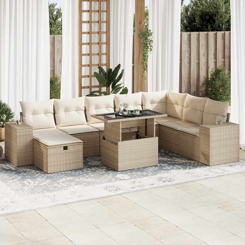 Vetonek Set de sofás de jardín con cojines 9 pzas ratán sintético beige