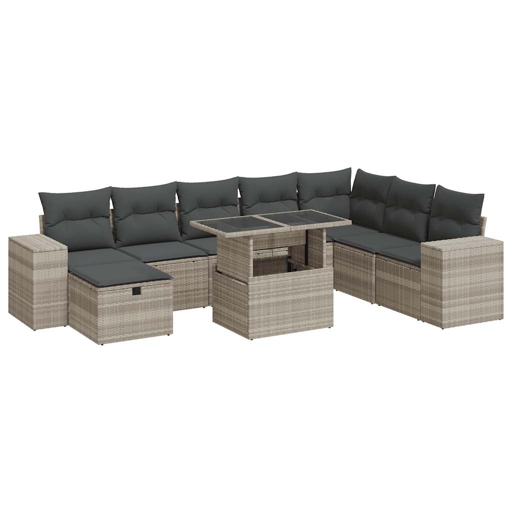 Set muebles jardín 9 pzas y cojines ratán sintético gris claro