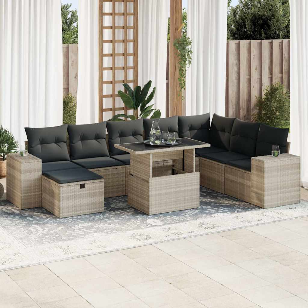 Vetonek Set muebles jardín 9 pzas y cojines ratán sintético gris claro