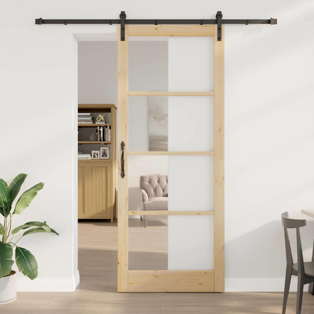 Puerta Deslizante Marrón 93 x 232 cm — Madera de Pino Maciza y Vidrio