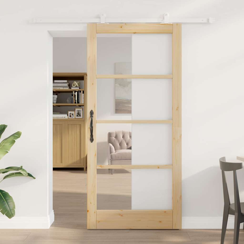 Puerta Corredera Natural 93 x 202 cm — Madera de Pino y Vidrio Templado