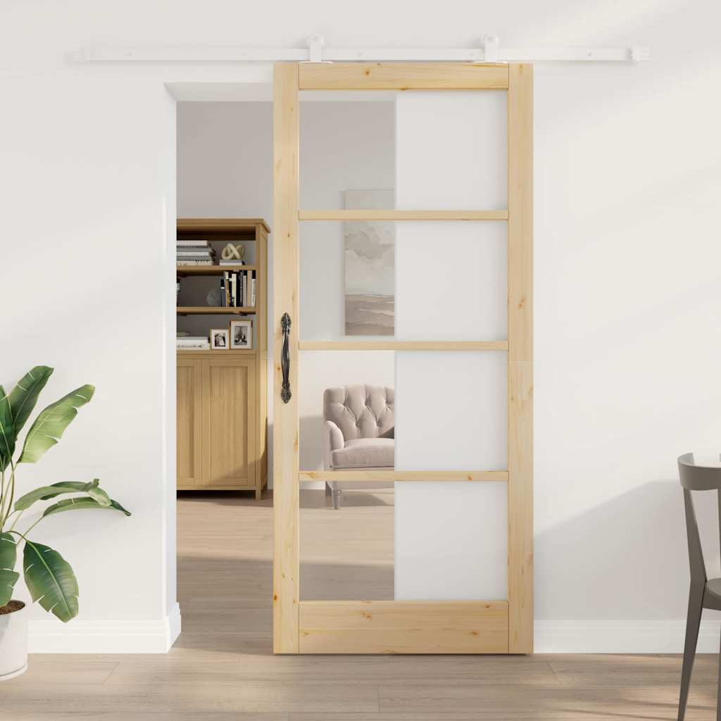 Puerta Corredera Natural 93 x 211 cm — Madera de Pino y Vidrio Templado
