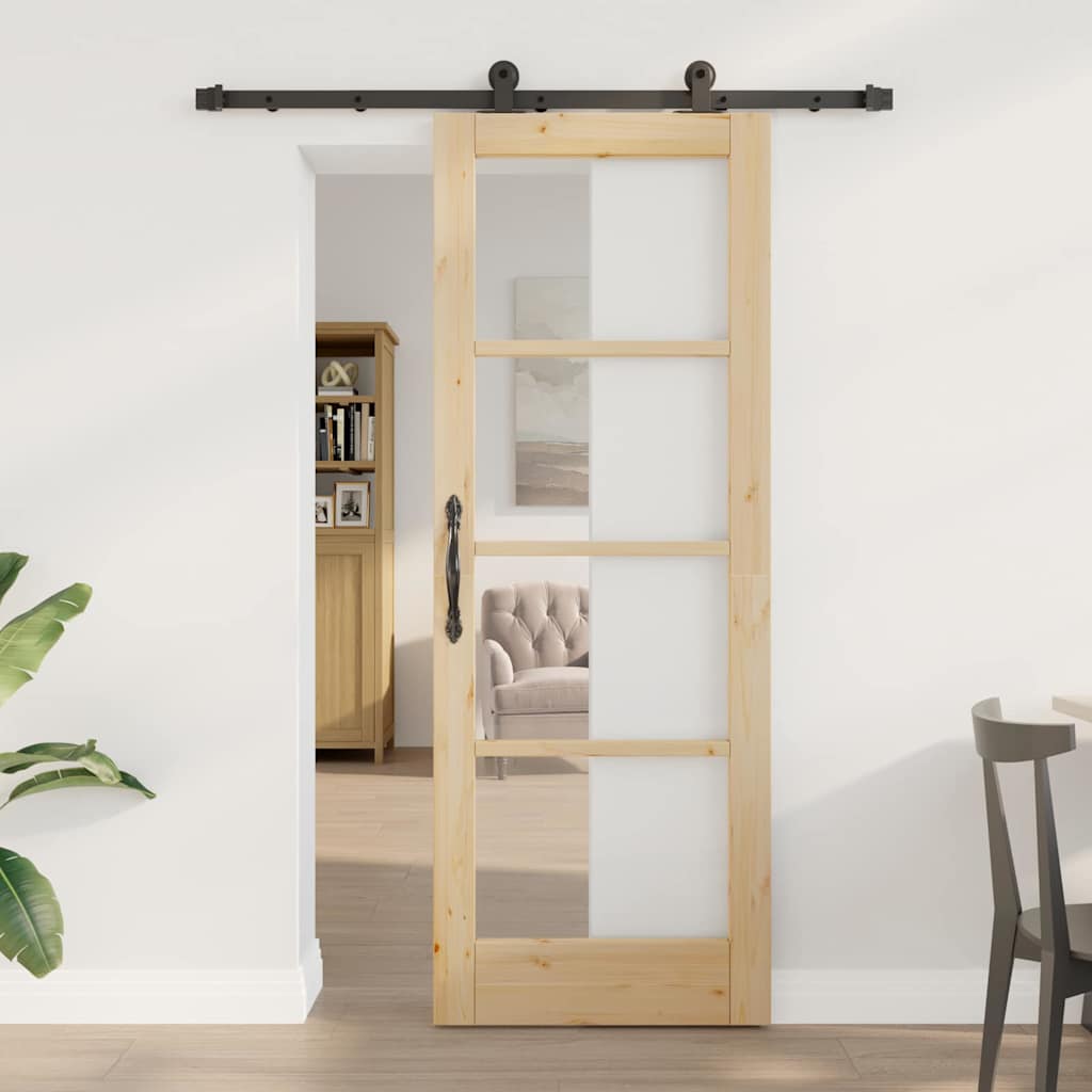 Puerta Corredera Natural 73,5 x 198,5 cm — Madera de Pino Macizo y Vidrio