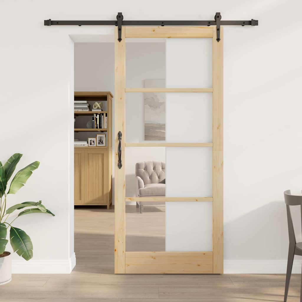 Puerta Corredera Natural 93 x 211 cm — Madera de Pino Maciza y Vidrio