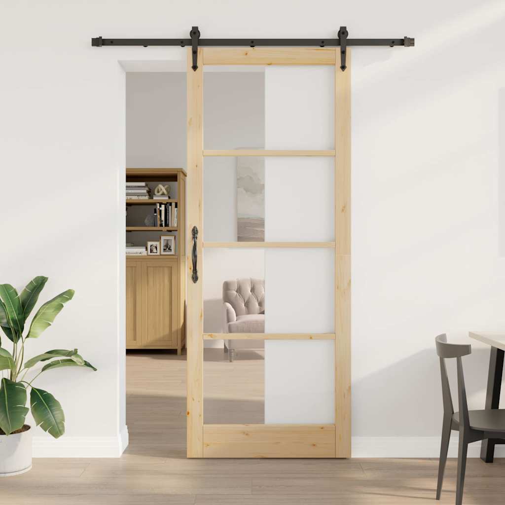 Puerta Corredera Natural 93 x 232 cm — Madera de Pino Maciza y Vidrio