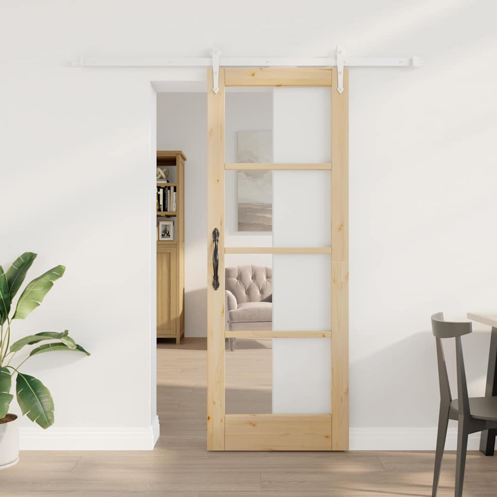 Puerta Corredera Natural 73,5 x 198,5 cm — Madera de Pino Maciza y Vidrio
