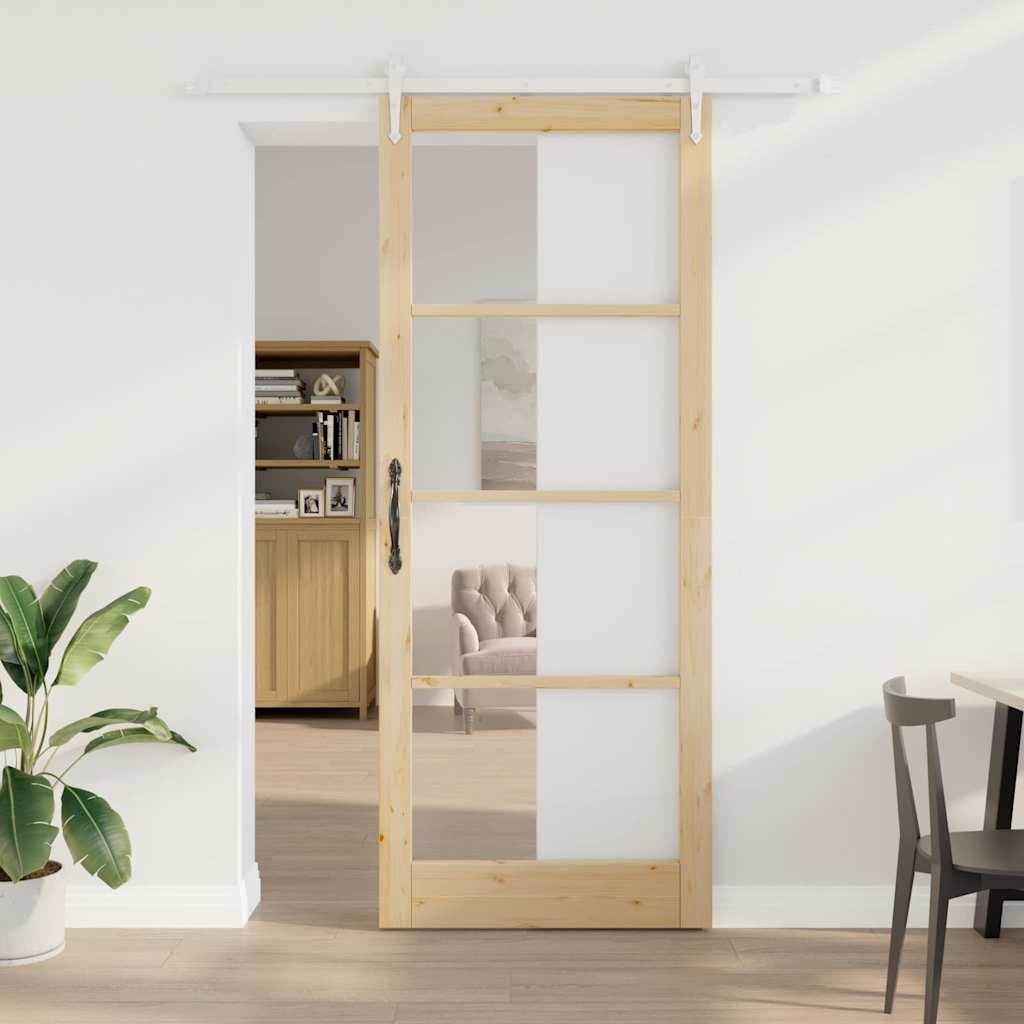 Puerta Corredera Natural 93 x 232 cm — Madera de Pino Maciza y Vidrio