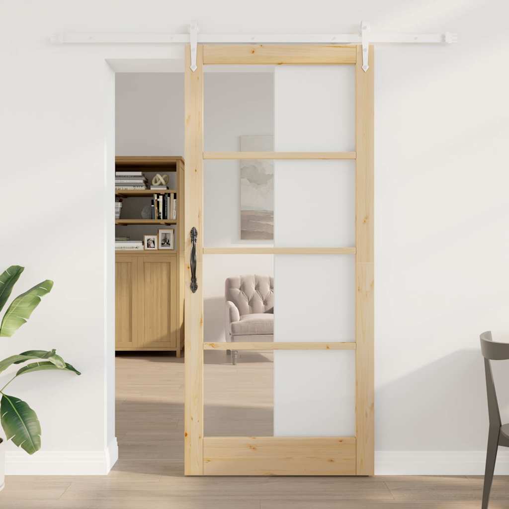 Puerta Corredera Natural 93 x 211 cm — Madera de Pino Maciza y Vidrio