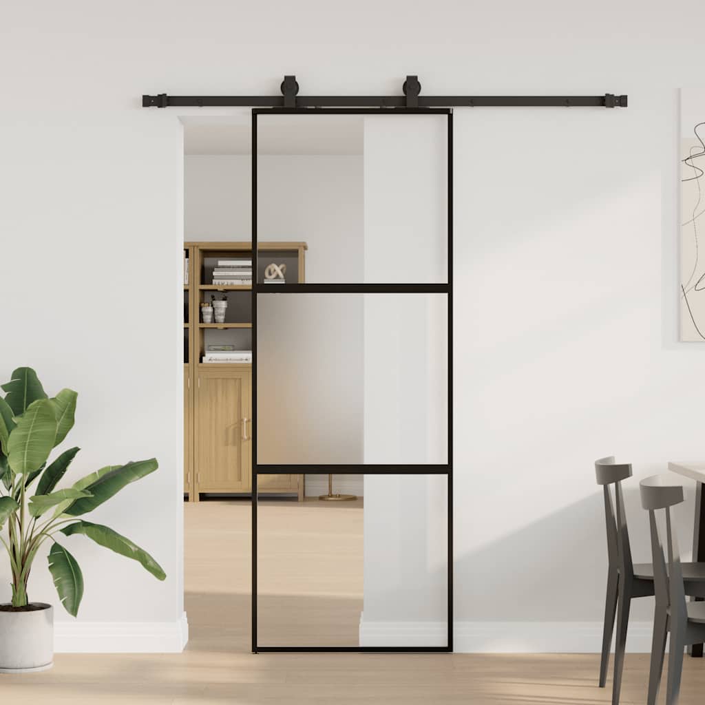 Sliding door with black hardware 76x205 cm tempered glass 