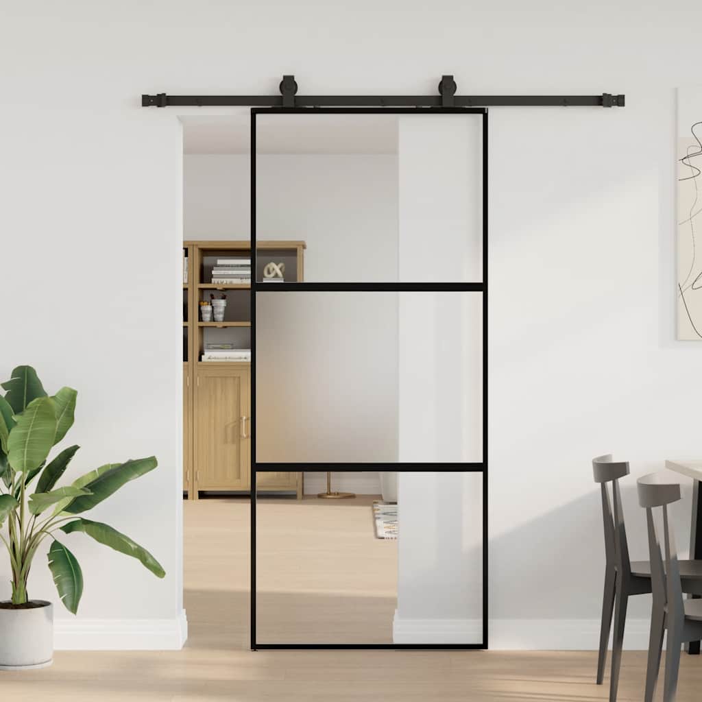 Sliding door with black hardware 90x205 cm tempered glass 