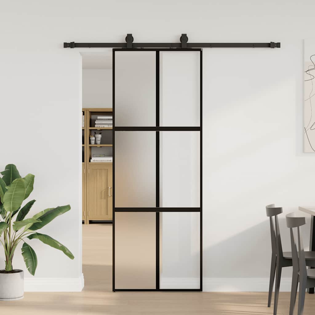 Sliding door with black hardware 76x205 cm tempered glass 