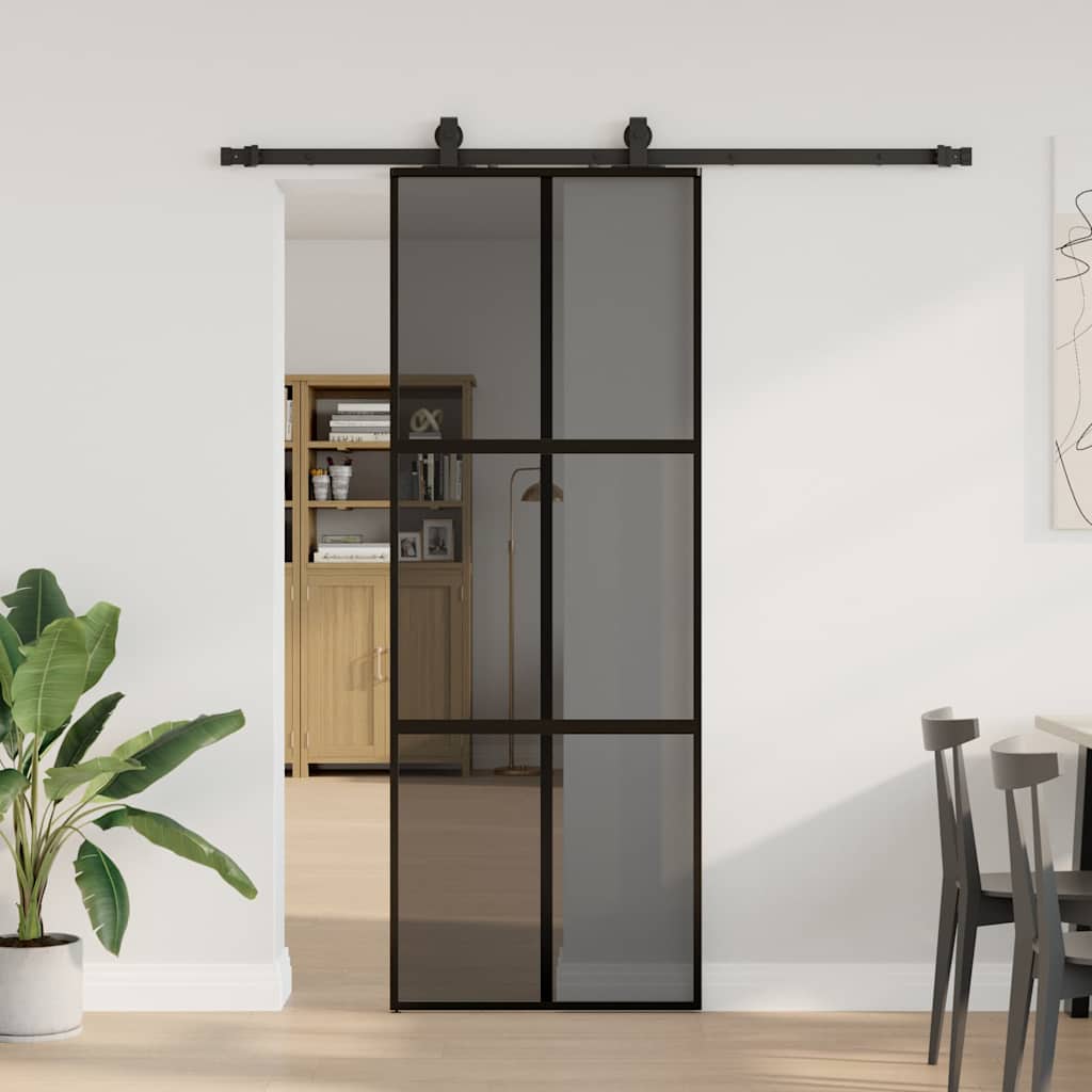Sliding door with black hardware 76x205 cm tempered glass 