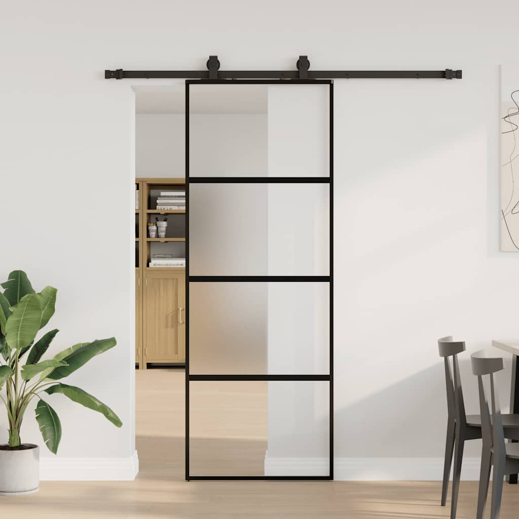 Sliding door with black hardware 76x205 cm tempered glass 