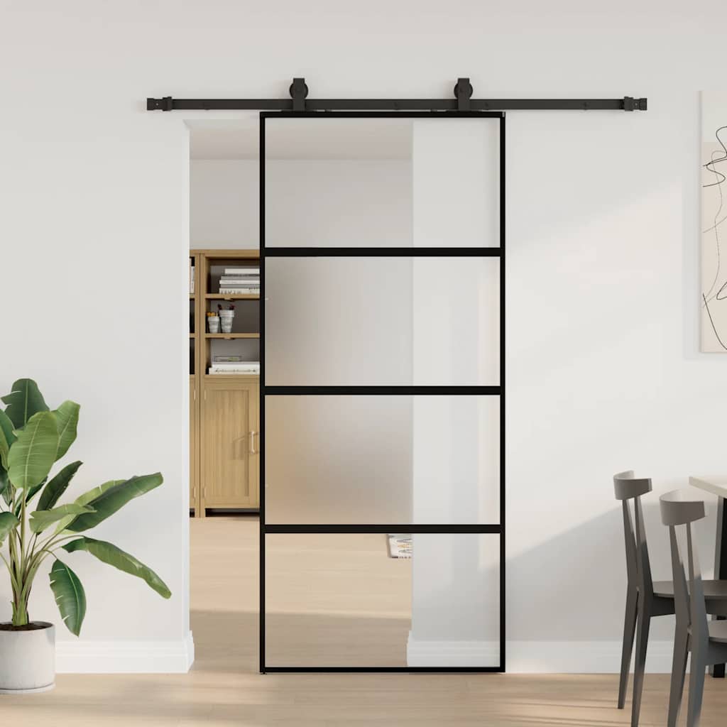 Sliding door with black hardware 90x205 cm tempered glass 