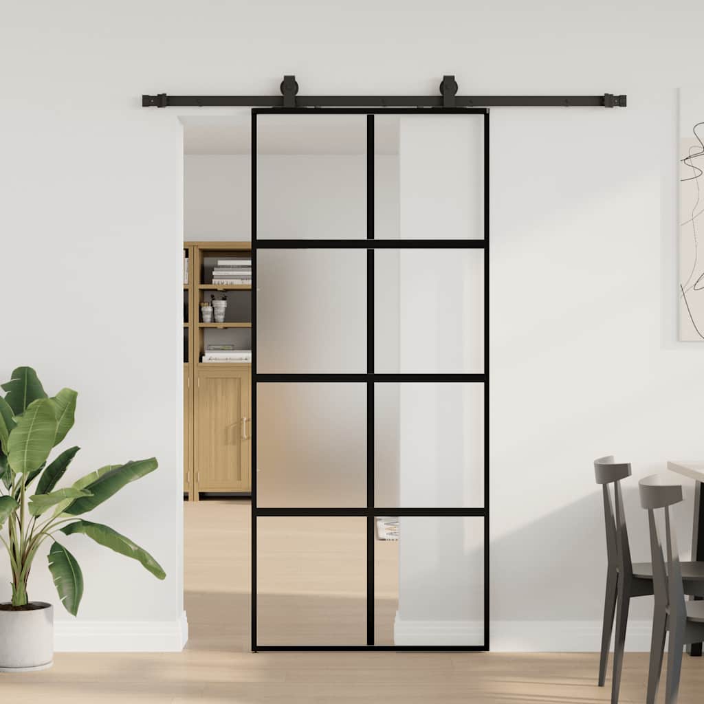 Sliding door with black hardware 90x205 cm tempered glass 