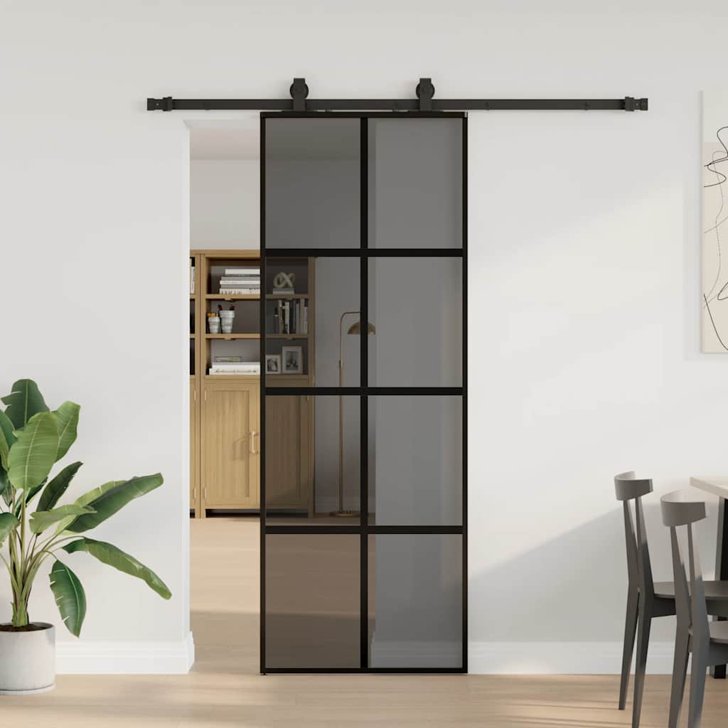 Sliding door with black hardware 76x205 cm tempered glass 