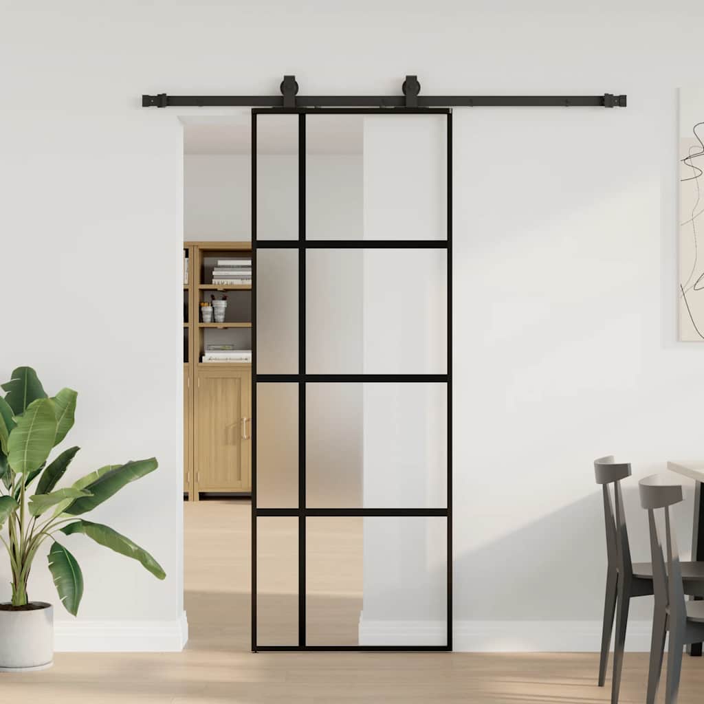 Sliding door with black hardware 76x205 cm tempered glass 