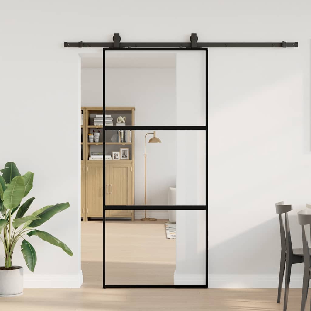 Sliding door with black hardware 90x205 cm tempered glass 