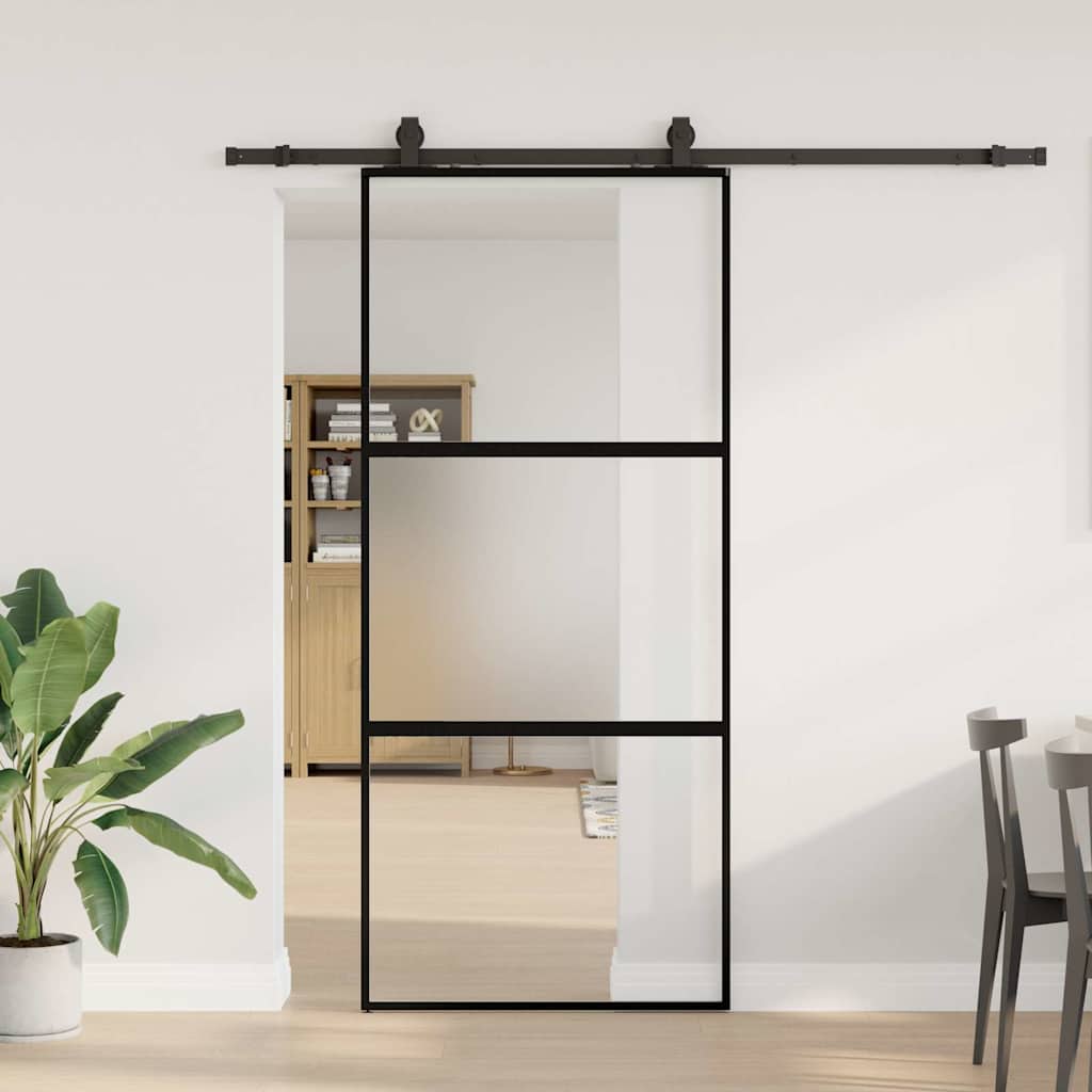 Sliding door with black hardware 90x205 cm tempered glass 