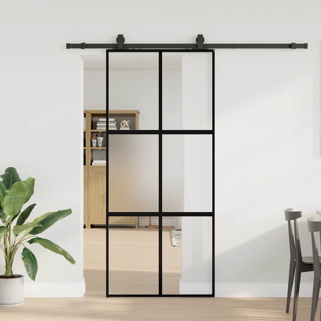 Sliding door with black hardware 90x205 cm tempered glass 