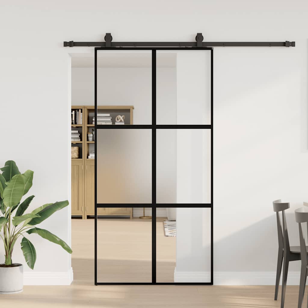 Black sliding door hardware 102.5x205 cm tempered glass 