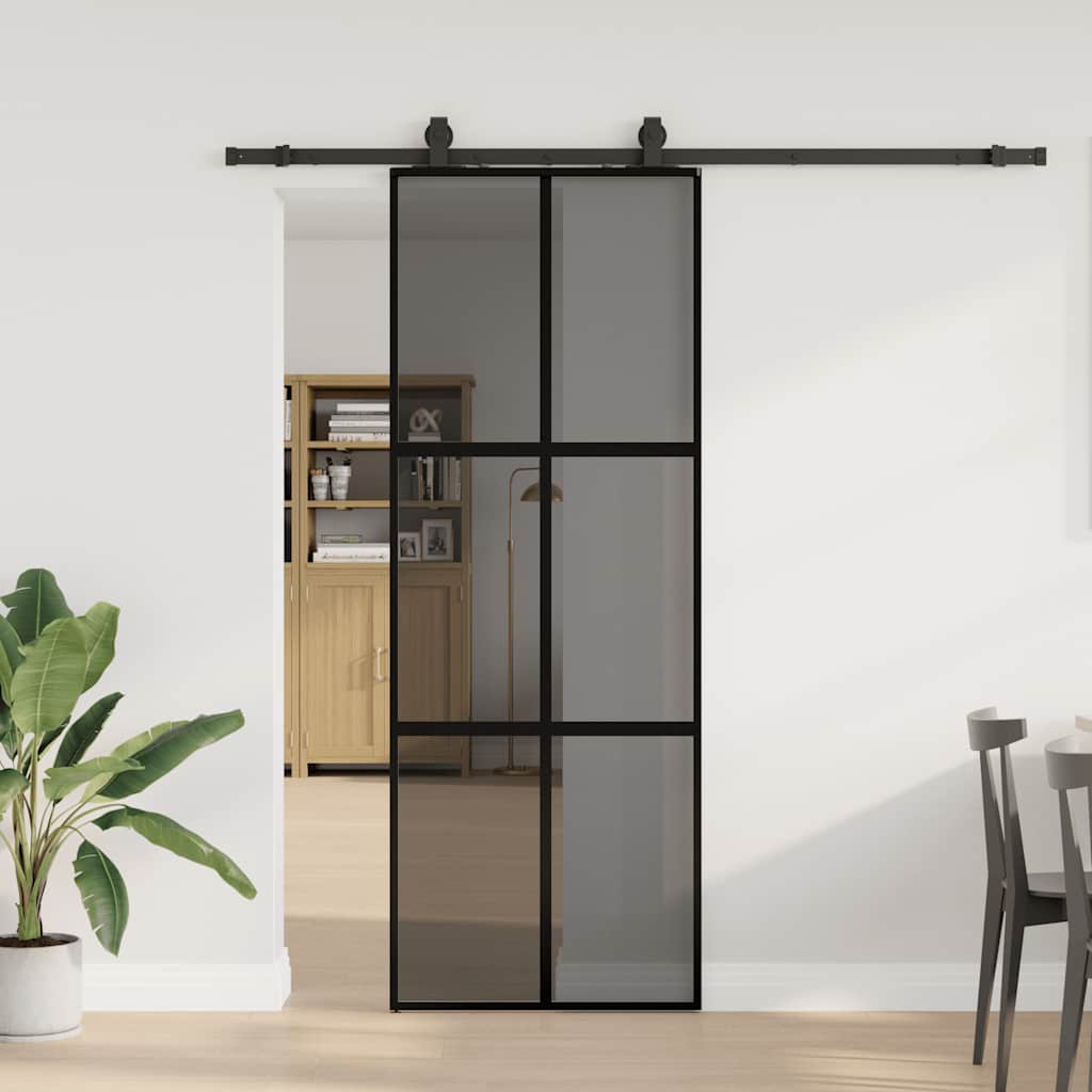 Sliding door with black hardware 76x205 cm tempered glass 