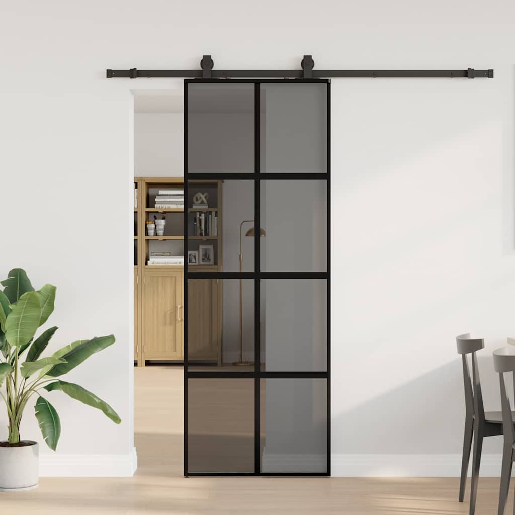 Sliding door with black hardware 76x205 cm tempered glass 