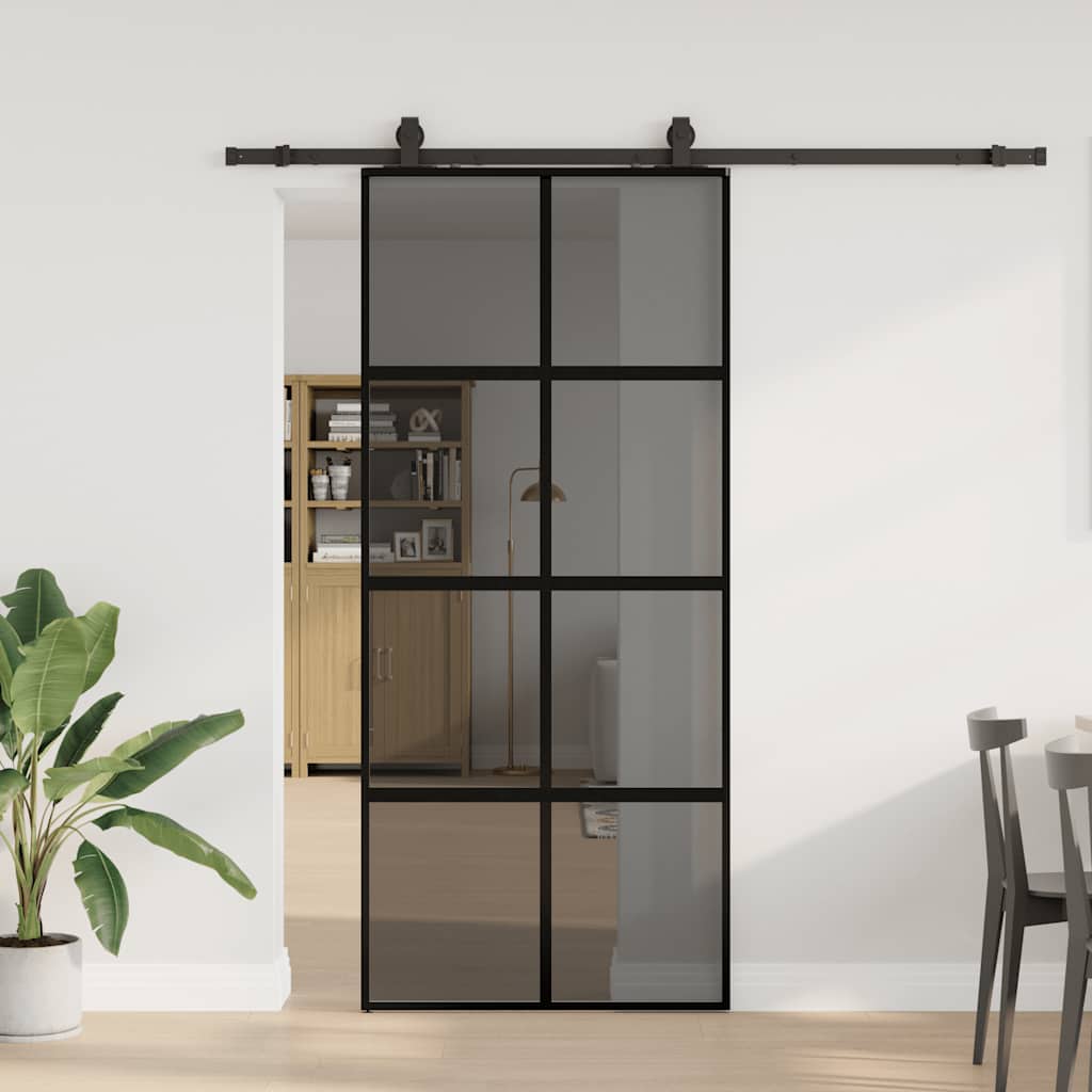 Sliding door with black hardware 90x205 cm tempered glass 