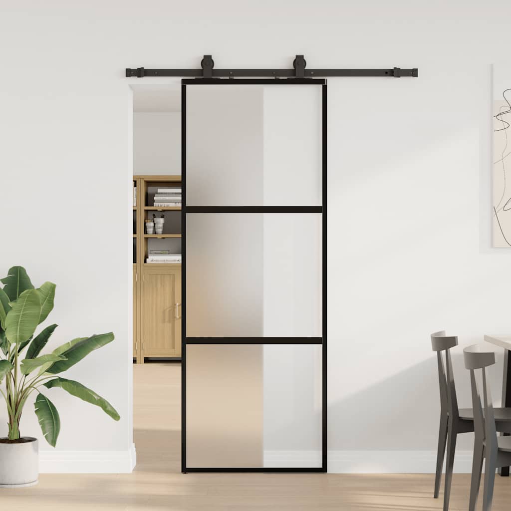Sliding door with black hardware 76x205 cm tempered glass 