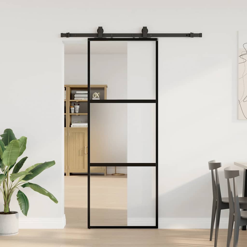 Sliding door with black hardware 76x205 cm tempered glass 