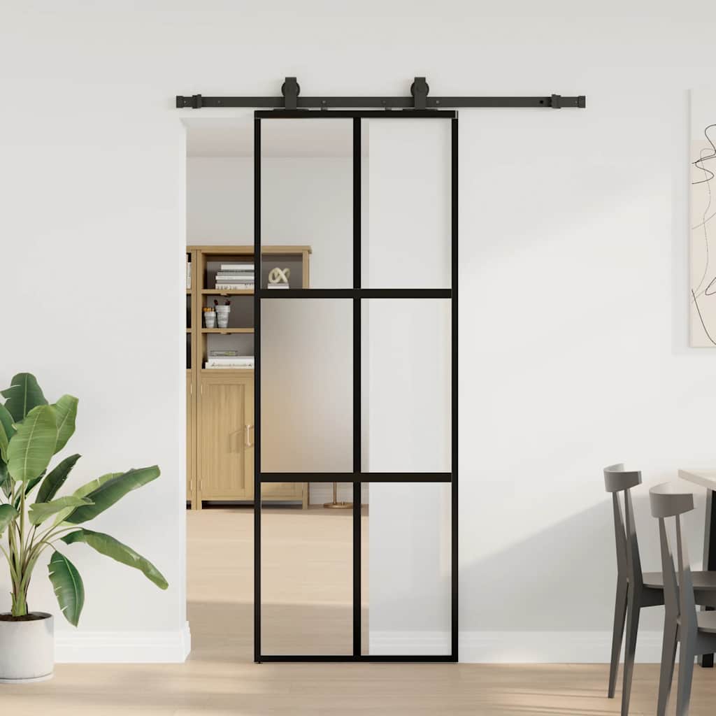 Sliding door with black hardware 76x205 cm tempered glass 