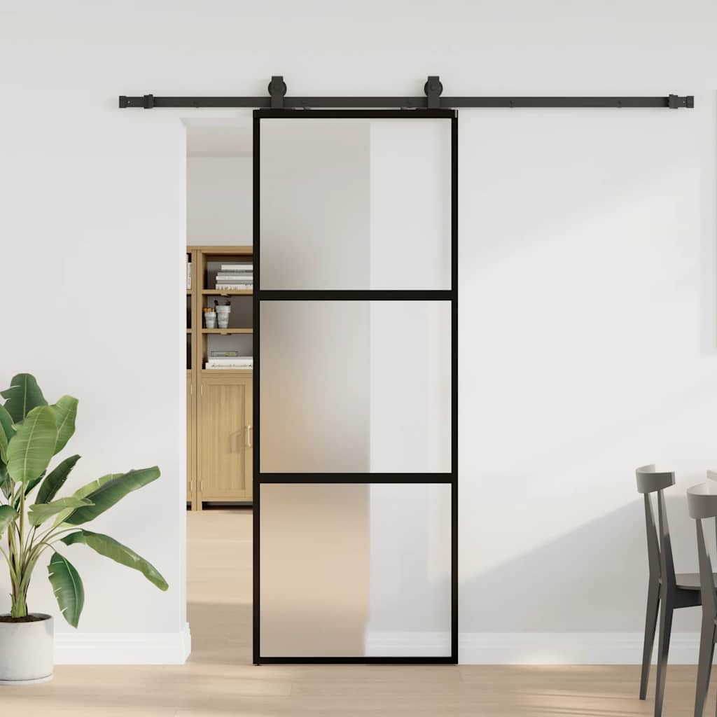Sliding door with black hardware 76x205 cm tempered glass 
