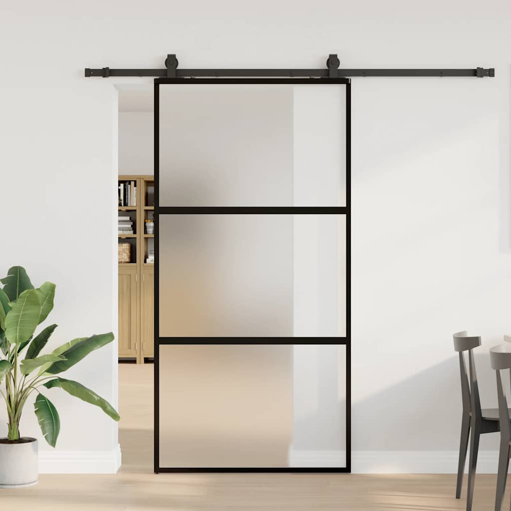 Black sliding door hardware 102.5x205 cm tempered glass 