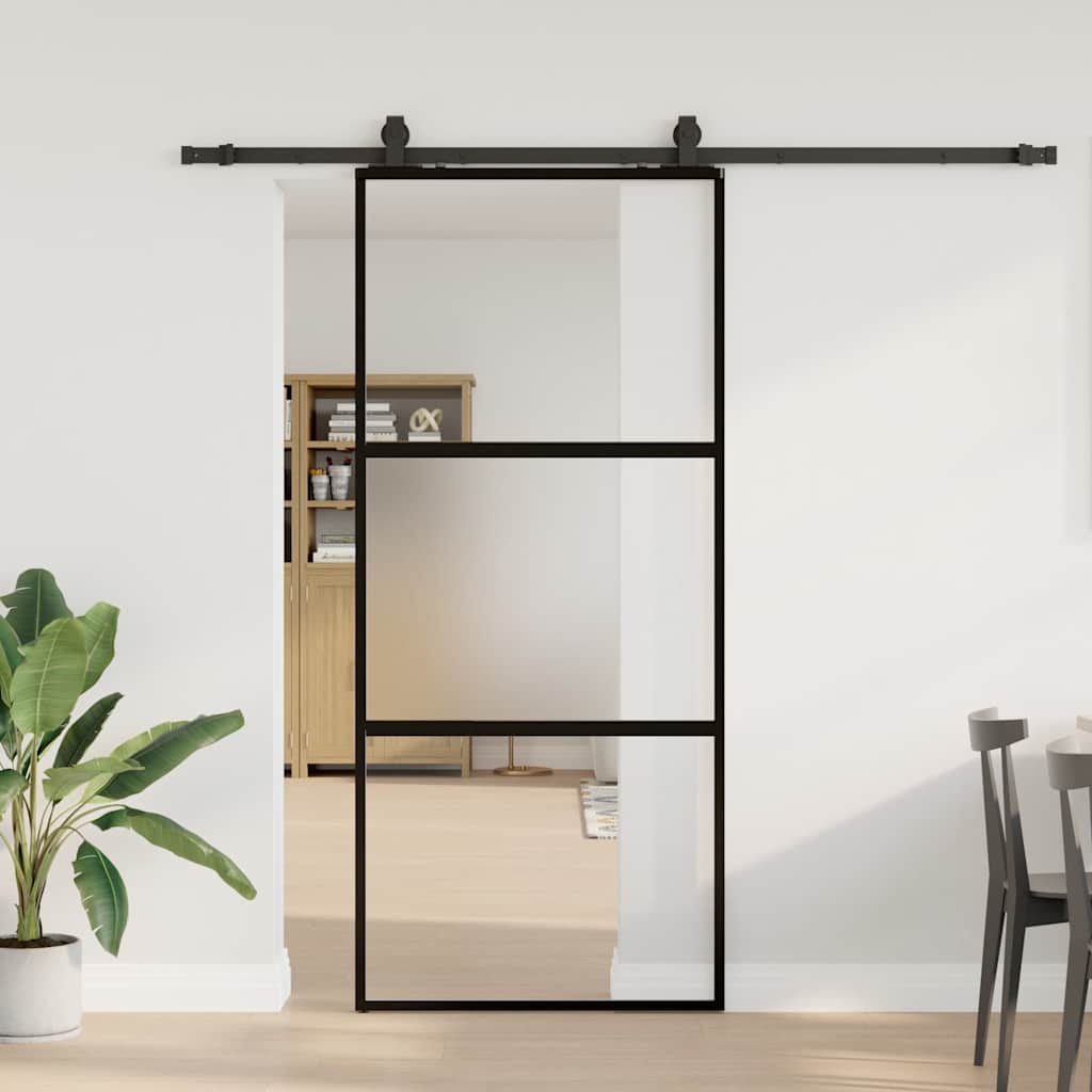 Sliding door with black hardware 90x205 cm tempered glass 