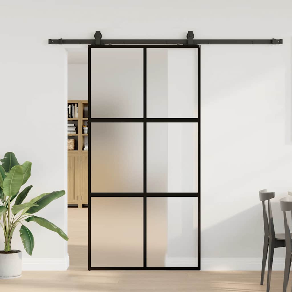 Black sliding door hardware 102.5x205 cm tempered glass 