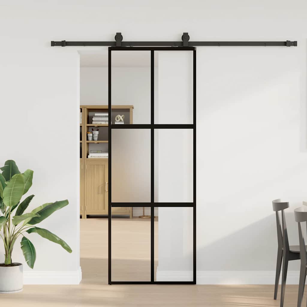 Sliding door with black hardware 76x205 cm tempered glass 