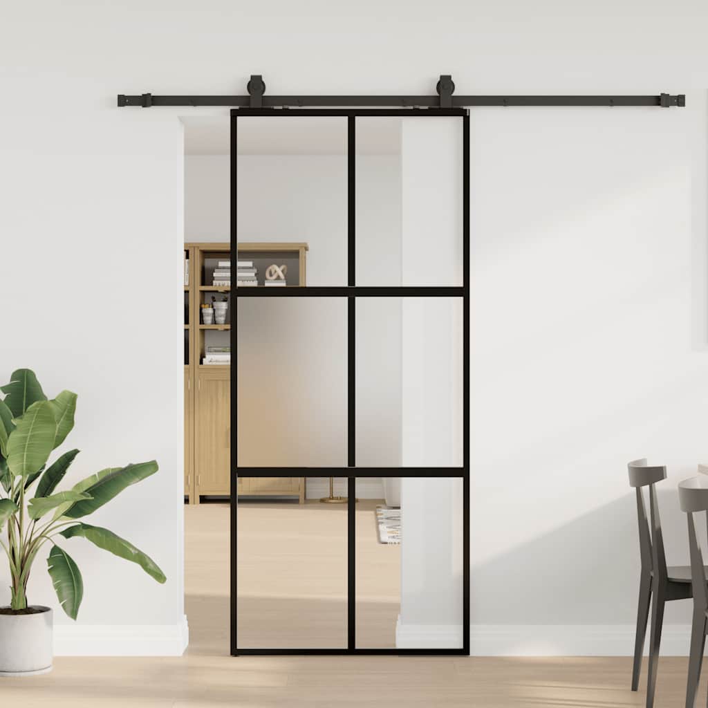 Sliding door with black hardware 90x205 cm tempered glass 