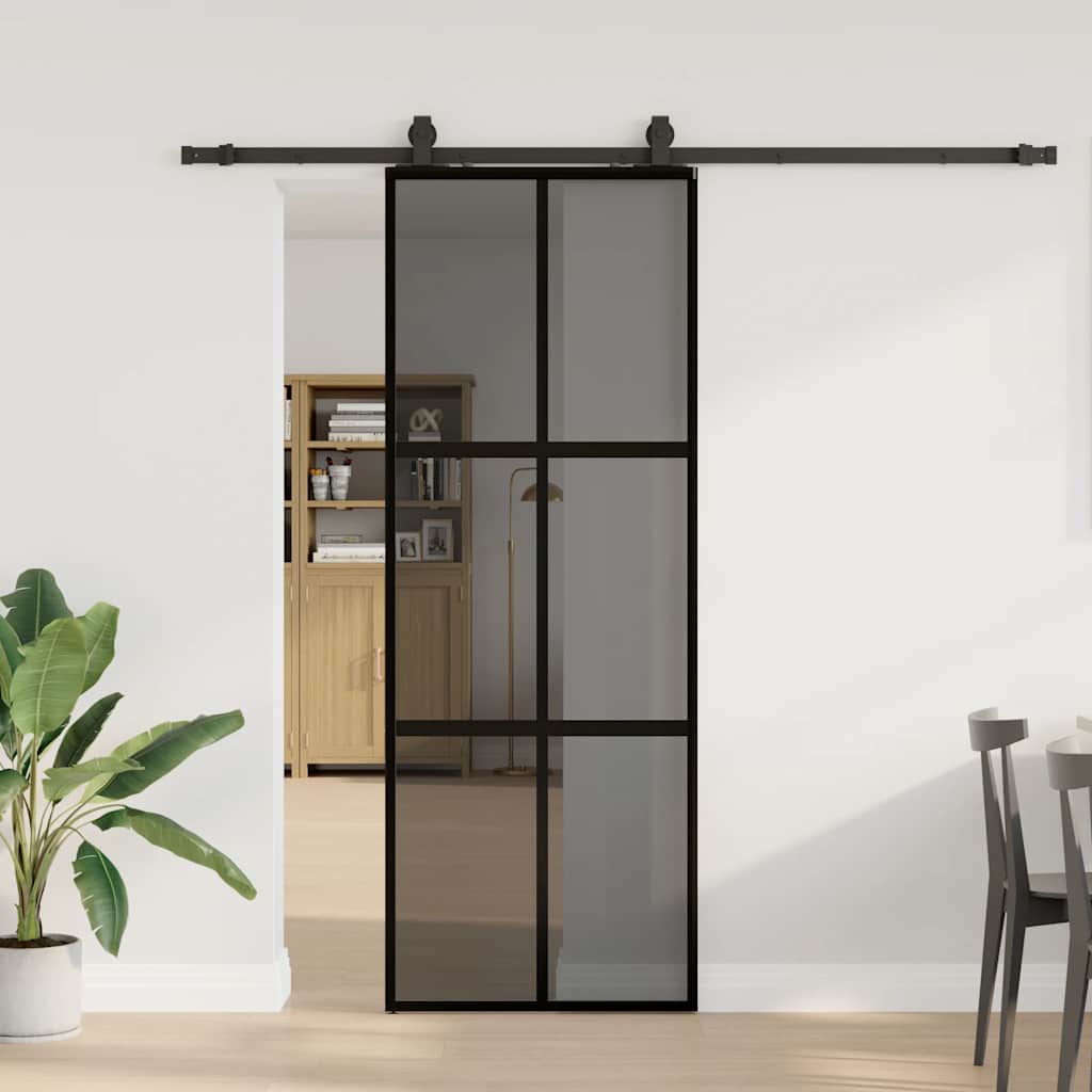 Sliding door with black hardware 76x205 cm tempered glass 