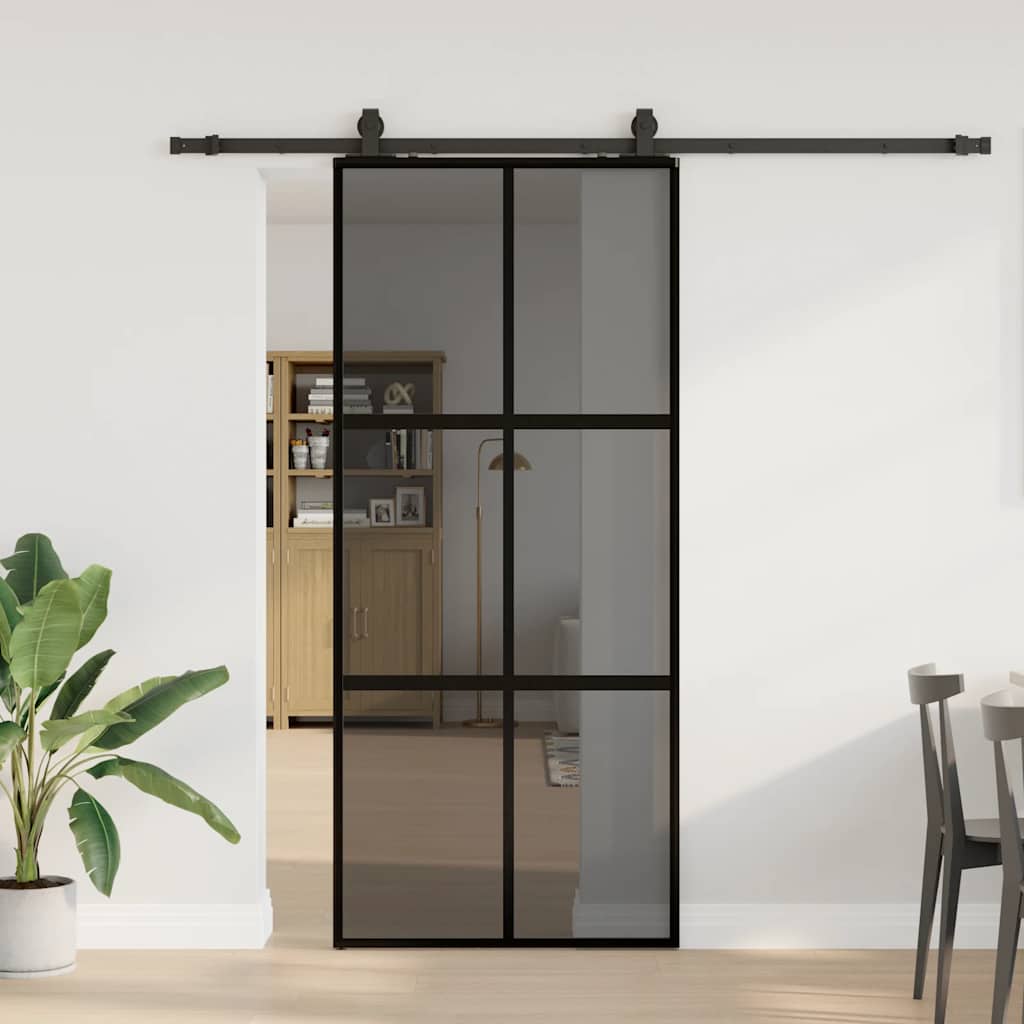 Sliding door with black fittings 90x205 cm tempered glass 