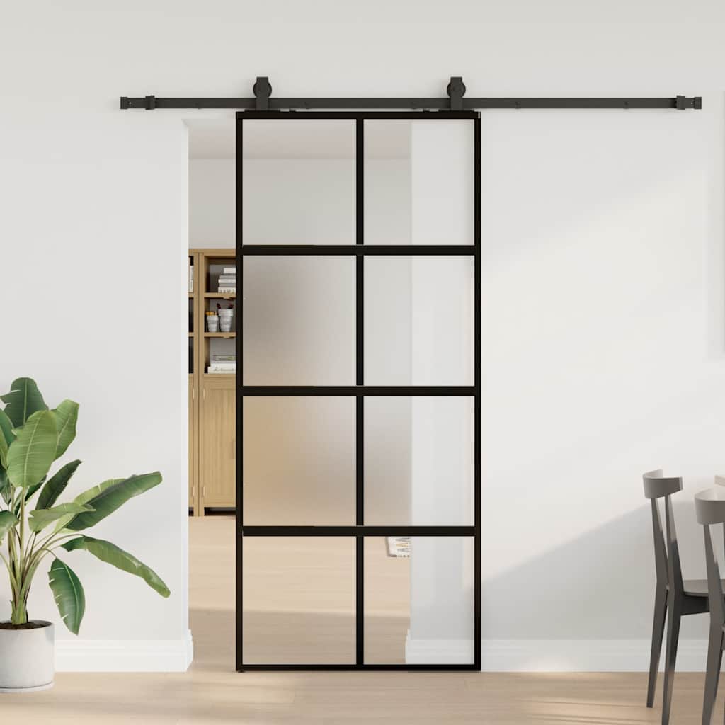 Puerta corredera con herrajes negro 90x205 cm vidrio templado