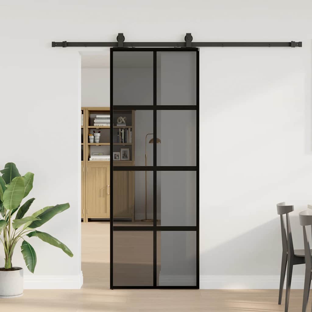 Sliding door with black hardware 76x205 cm tempered glass 