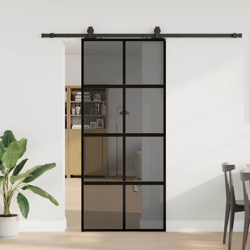 Sliding door with black hardware 90x205 cm tempered glass 