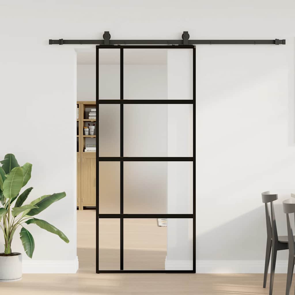 Sliding door with black hardware 90x205 cm tempered glass 